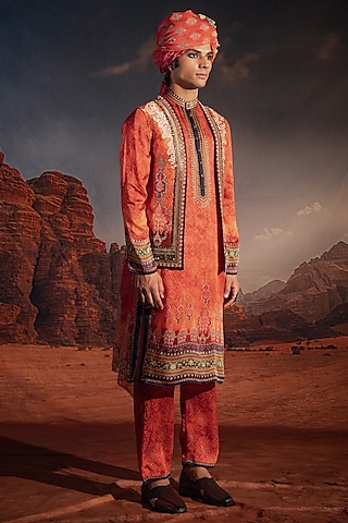 Orange Dupion Silk Printed & Embroidered Indowestern Set by Rajdeep Ranawat Men