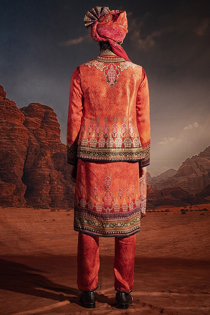 Orange Dupion Silk Printed & Embroidered Wedding Indowestern Set by Rajdeep Ranawat Men at Pernia's Pop Up Shop
