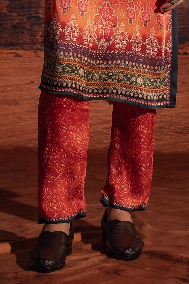 Orange Dupion Silk Printed & Embroidered Wedding Indowestern Set by Rajdeep Ranawat Men at Pernia's Pop Up Shop