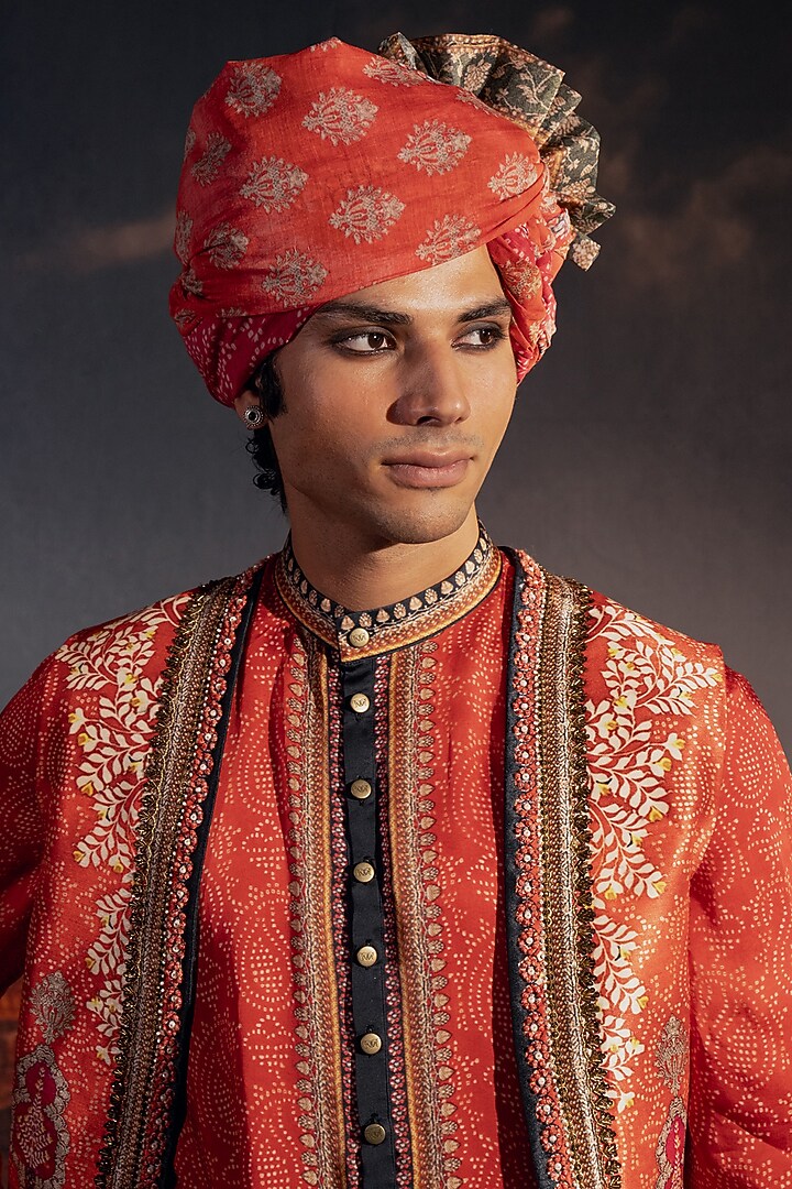 Orange Dupion Silk Printed & Embroidered Wedding Indowestern Set by Rajdeep Ranawat Men at Pernia's Pop Up Shop