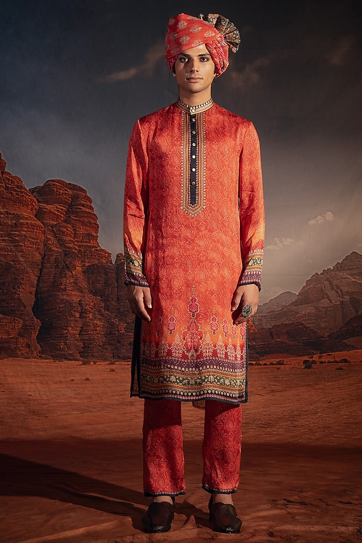 Orange Dupion Silk Printed & Embroidered Wedding Indowestern Set by Rajdeep Ranawat Men at Pernia's Pop Up Shop