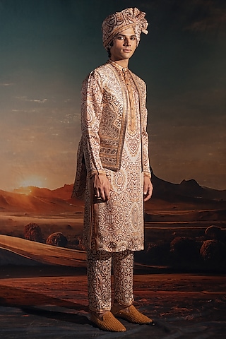 Ivory Dupion Silk Printed Indowestern Set by Rajdeep Ranawat Men