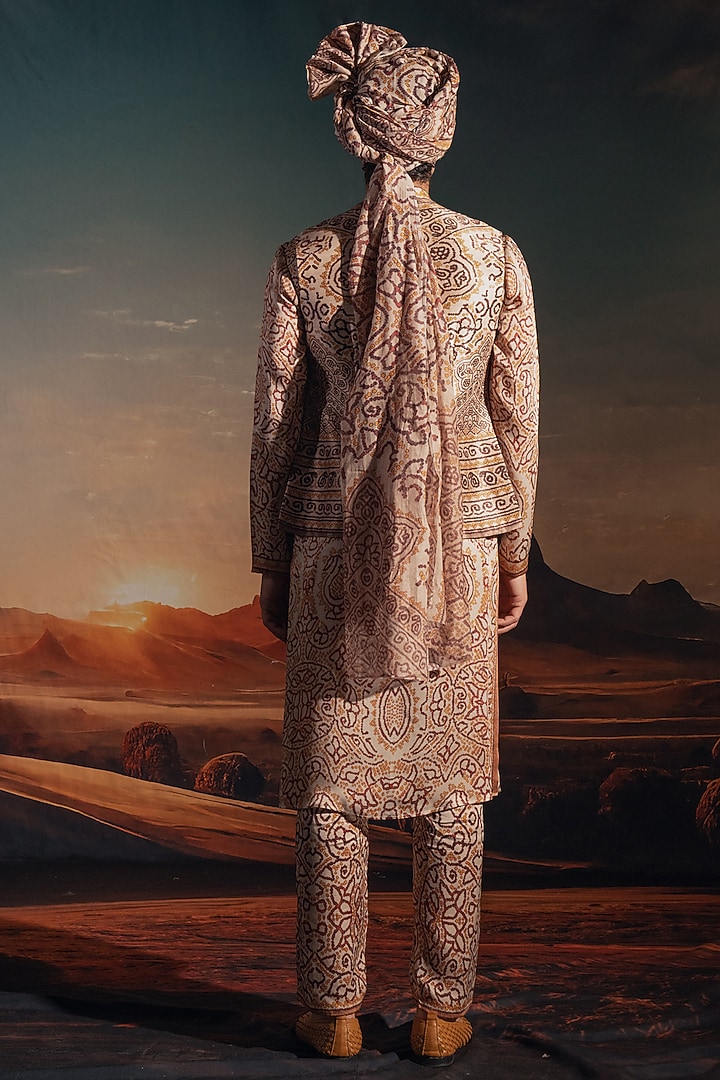 Ivory Dupion Silk Printed Wedding Indowestern Set by Rajdeep Ranawat Men at Pernia's Pop Up Shop