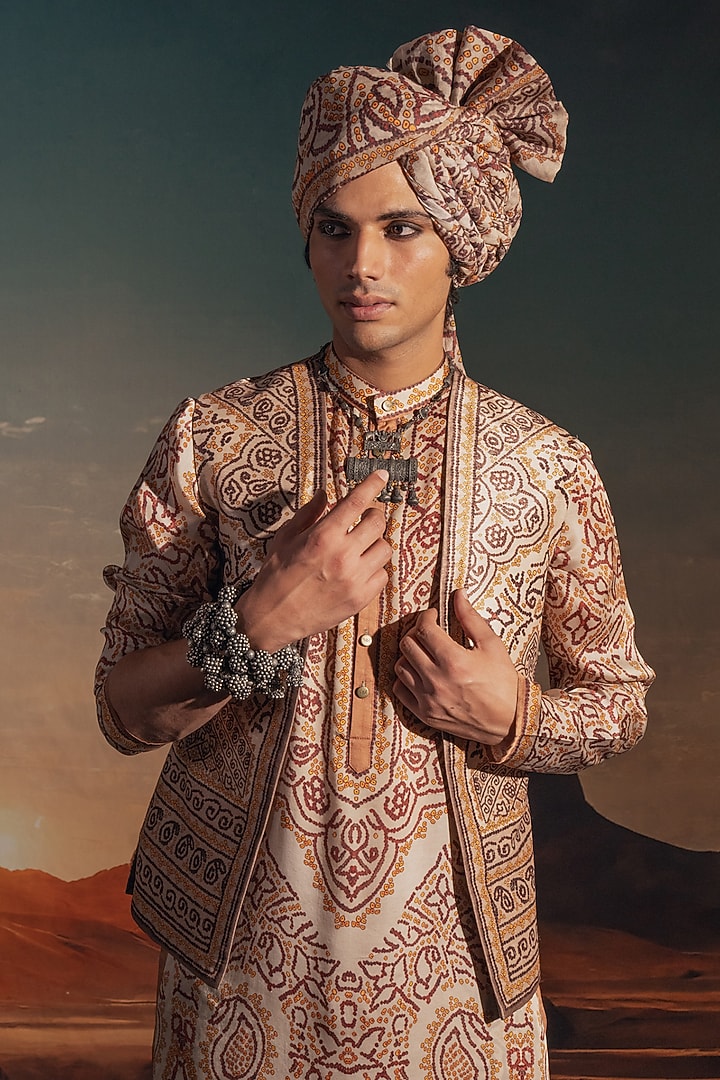 Ivory Dupion Silk Printed Wedding Indowestern Set by Rajdeep Ranawat Men at Pernia's Pop Up Shop