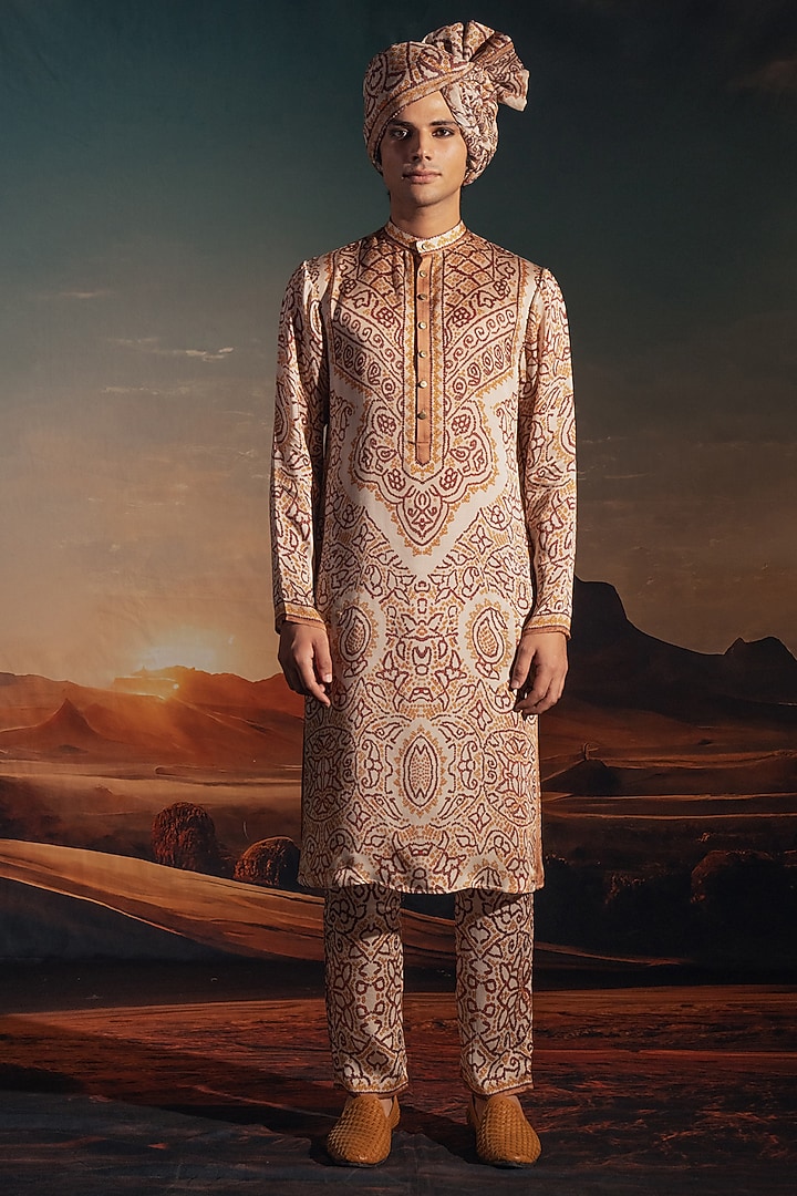 Ivory Dupion Silk Printed Wedding Indowestern Set by Rajdeep Ranawat Men at Pernia's Pop Up Shop