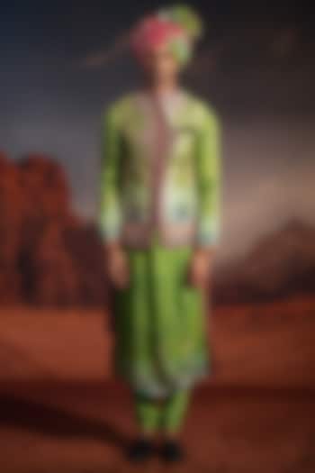 Kiwi Green Dupion Silk Printed Bundi Jacket Set by Rajdeep Ranawat Men