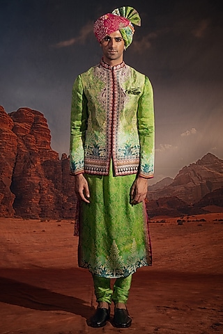 Kiwi Green Dupion Silk Printed Bundi Jacket Set by Rajdeep Ranawat Men