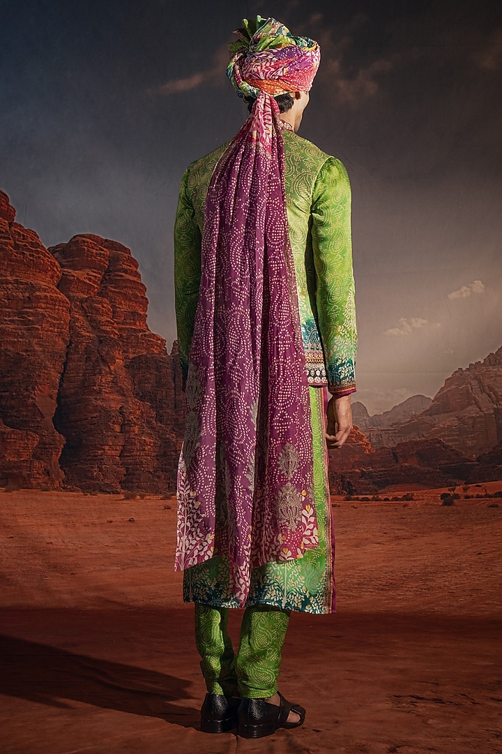 Kiwi Green Dupion Silk Printed Bundi Jacket Set by Rajdeep Ranawat Men at Pernia's Pop Up Shop