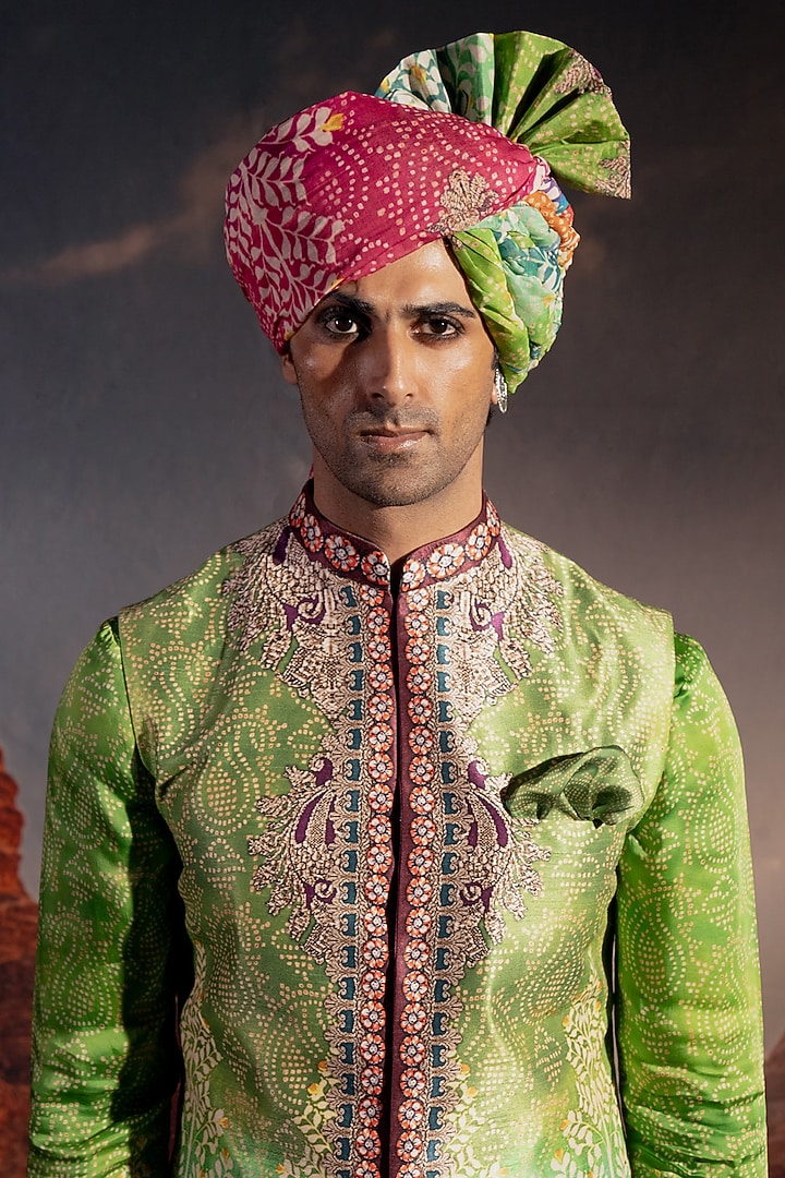Kiwi Green Dupion Silk Printed Bundi Jacket Set by Rajdeep Ranawat Men at Pernia's Pop Up Shop