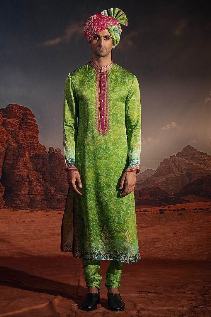 Kiwi Green Dupion Silk Printed Bundi Jacket Set by Rajdeep Ranawat Men at Pernia's Pop Up Shop