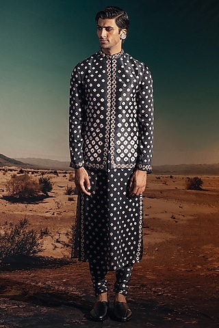 Black Dupion Silk Printed & Embroidered Bundi Jacket Set by Rajdeep Ranawat Men