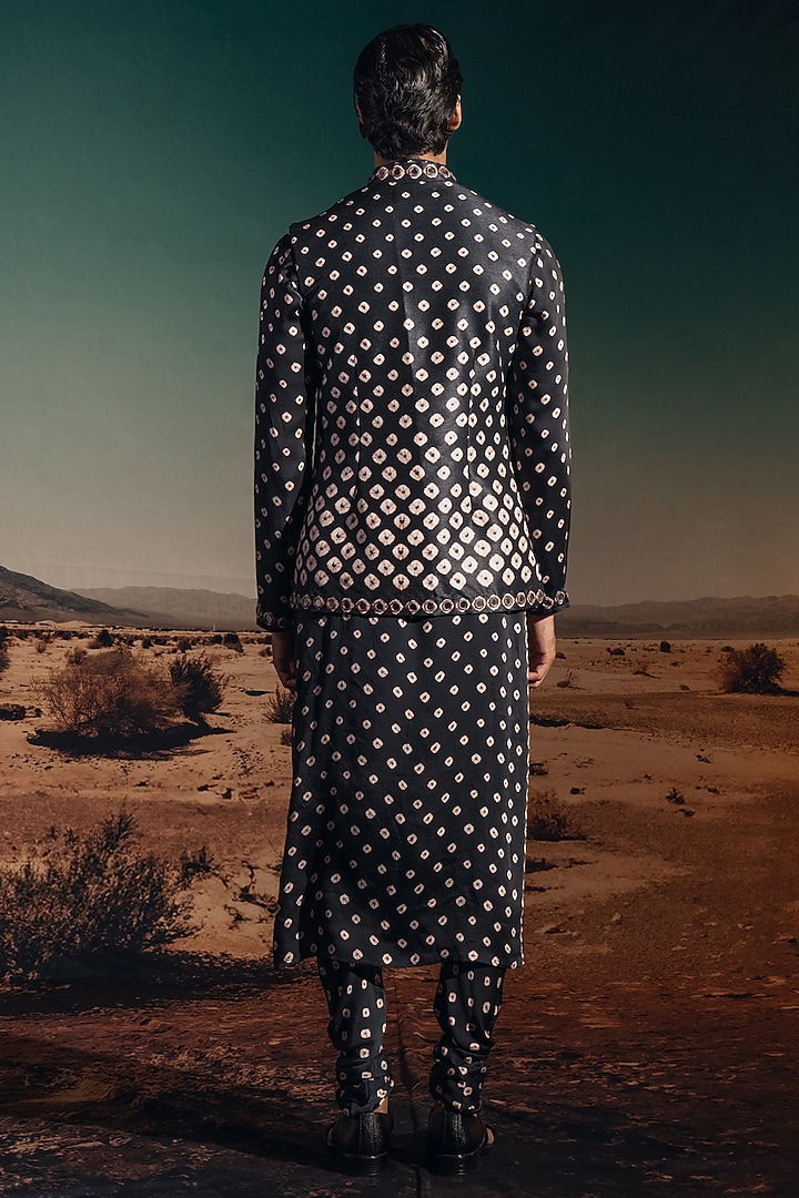 Black Dupion Silk Printed & Embroidered Bundi Jacket Set by Rajdeep Ranawat Men at Pernia's Pop Up Shop