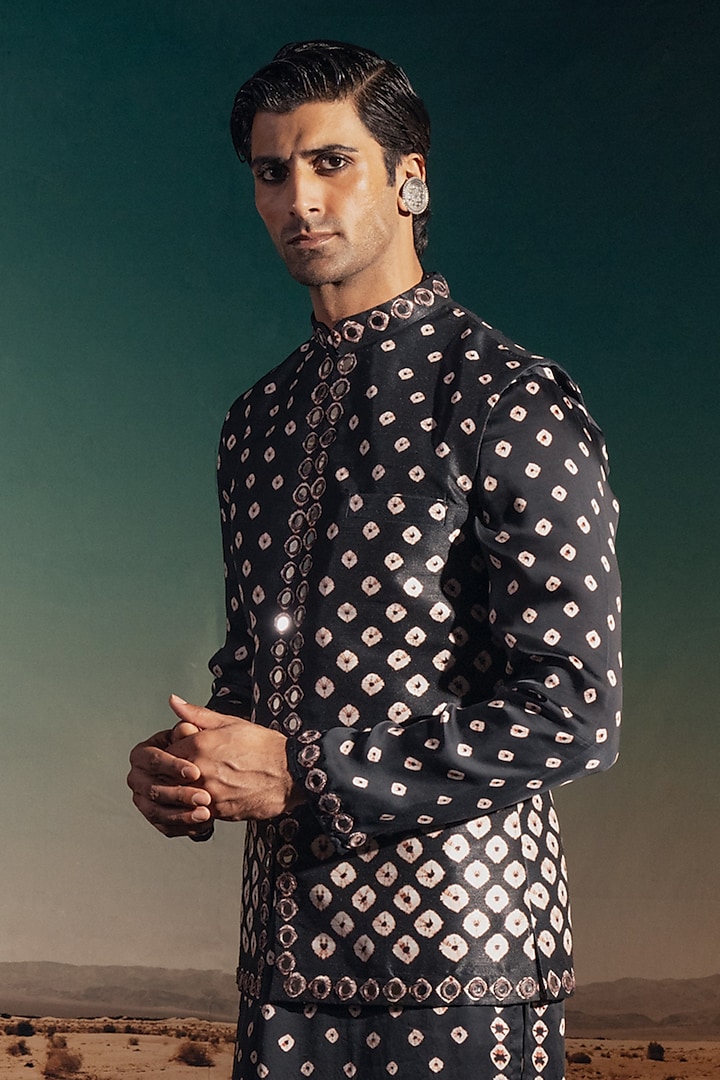 Black Dupion Silk Printed & Embroidered Bundi Jacket Set by Rajdeep Ranawat Men at Pernia's Pop Up Shop