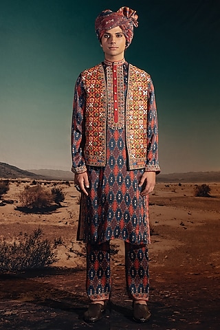 Blue Dupion Silk Printed & Embroidered Indowestern Set by Rajdeep Ranawat Men
