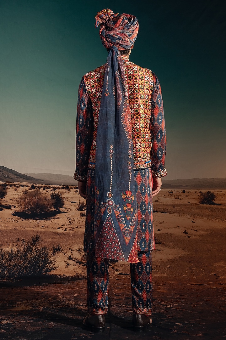 Blue Dupion Silk Printed & Embroidered Groom Indowestern Set by Rajdeep Ranawat Men at Pernia's Pop Up Shop