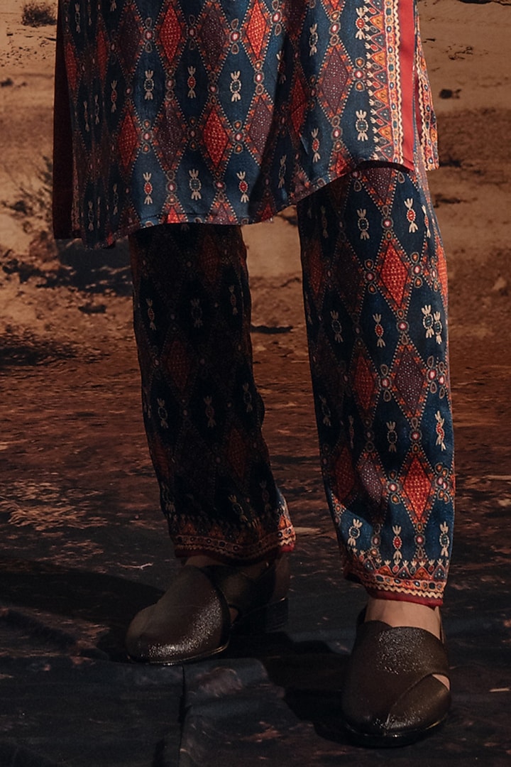Blue Dupion Silk Printed & Embroidered Groom Indowestern Set by Rajdeep Ranawat Men at Pernia's Pop Up Shop