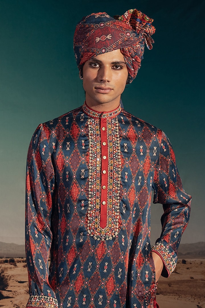 Blue Dupion Silk Printed & Embroidered Groom Indowestern Set by Rajdeep Ranawat Men at Pernia's Pop Up Shop