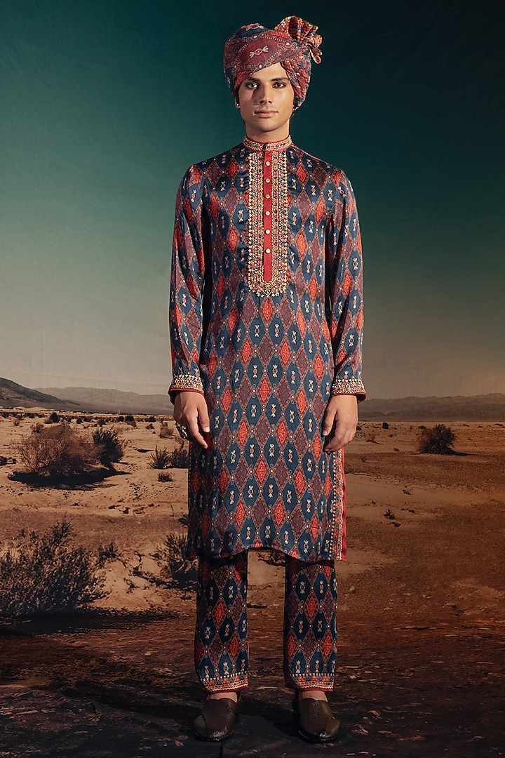 Blue Dupion Silk Printed & Embroidered Groom Indowestern Set by Rajdeep Ranawat Men at Pernia's Pop Up Shop