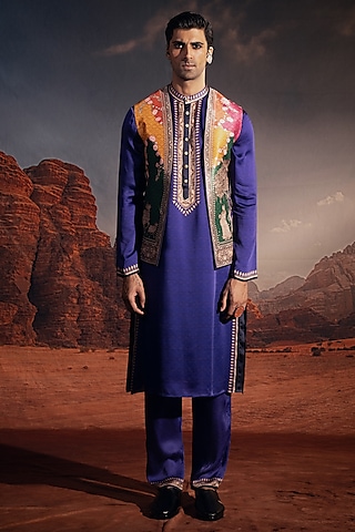 Blue Dupion Silk Printed Indowestern Set by Rajdeep Ranawat Men