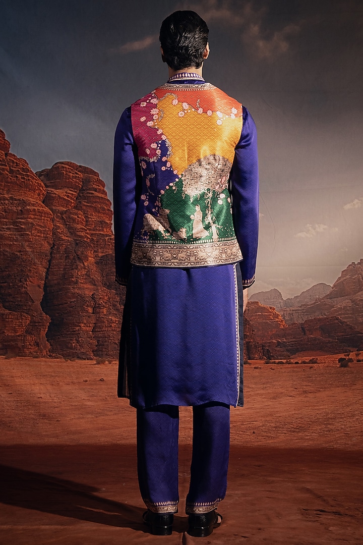 Blue Dupion Silk Printed Wedding Indowestern Set by Rajdeep Ranawat Men at Pernia's Pop Up Shop