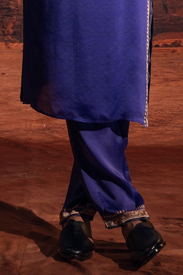 Blue Dupion Silk Printed Wedding Indowestern Set by Rajdeep Ranawat Men at Pernia's Pop Up Shop