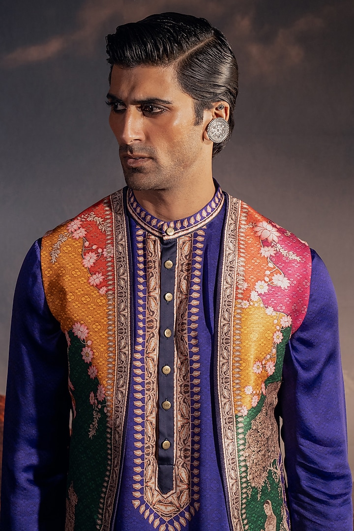 Blue Dupion Silk Printed Wedding Indowestern Set by Rajdeep Ranawat Men at Pernia's Pop Up Shop