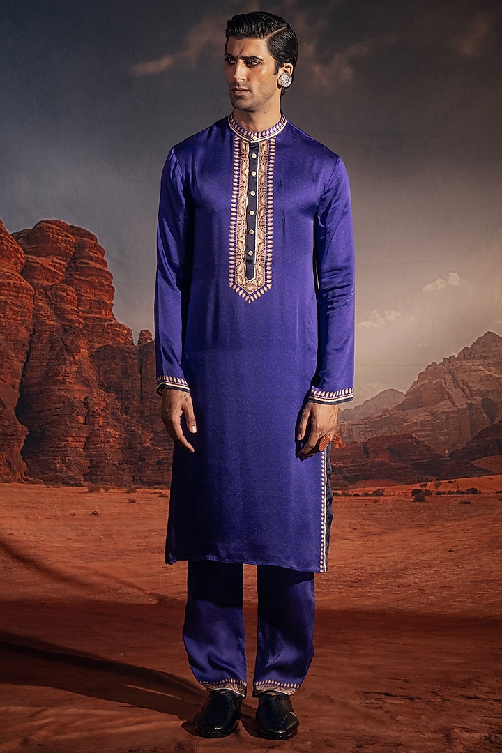Blue Dupion Silk Printed Wedding Indowestern Set by Rajdeep Ranawat Men at Pernia's Pop Up Shop