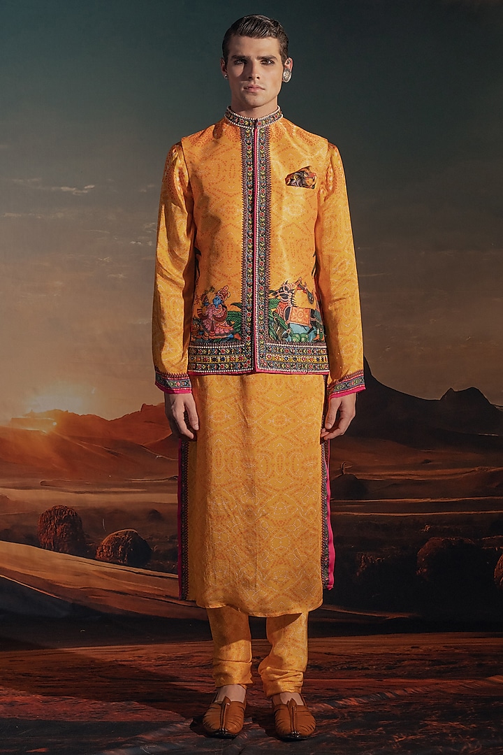 Marigold Dupion Silk Printed & Embroidered Bundi Jacket Set by Rajdeep Ranawat Men
