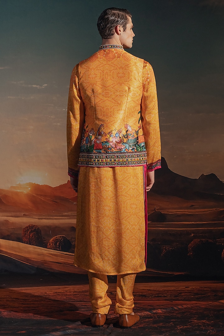 Marigold Dupion Silk Printed & Embroidered Bundi Jacket Set by Rajdeep Ranawat Men at Pernia's Pop Up Shop