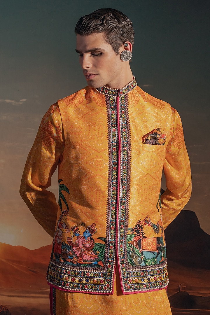 Marigold Dupion Silk Printed & Embroidered Bundi Jacket Set by Rajdeep Ranawat Men at Pernia's Pop Up Shop