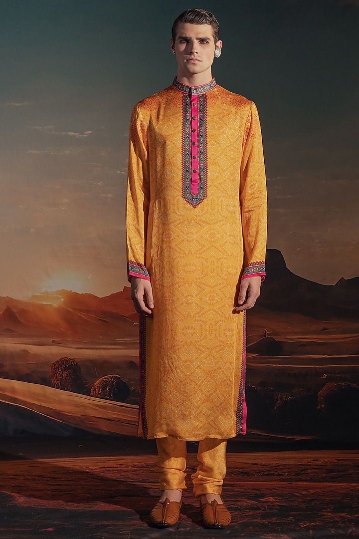 Marigold Dupion Silk Printed & Embroidered Bundi Jacket Set by Rajdeep Ranawat Men at Pernia's Pop Up Shop