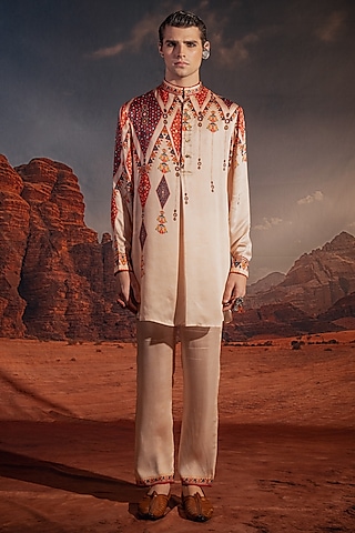 Beige Bemberg Satin Printed Kurta Set by Rajdeep Ranawat Men