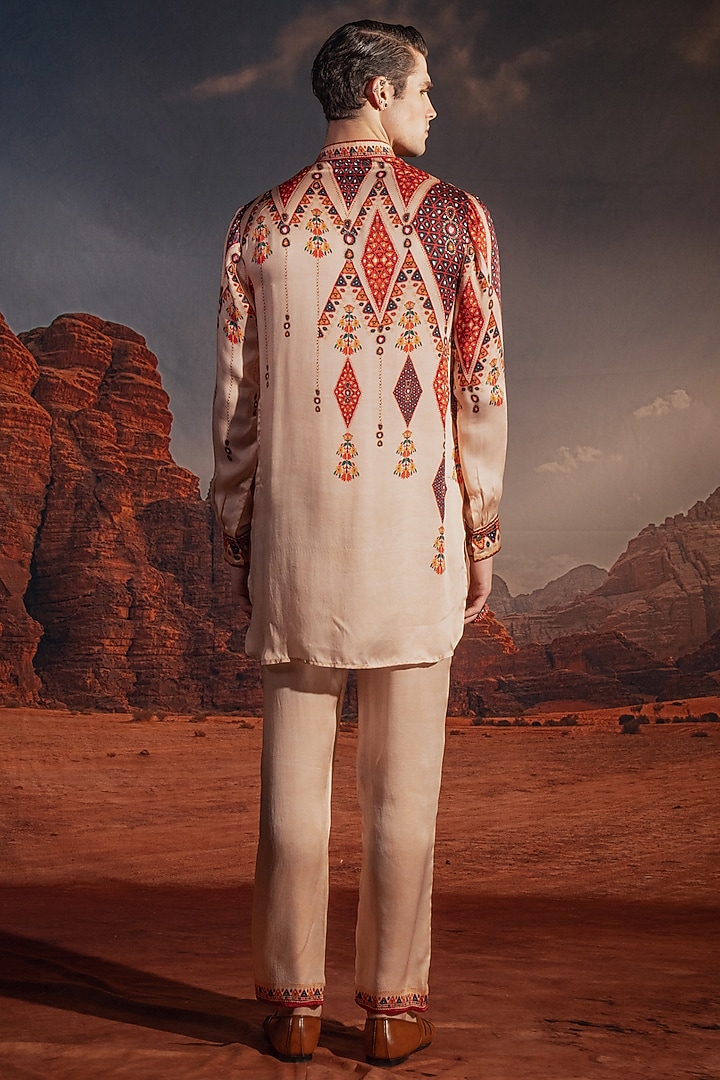 Beige Bemberg Satin Printed Kurta Set by Rajdeep Ranawat Men at Pernia's Pop Up Shop