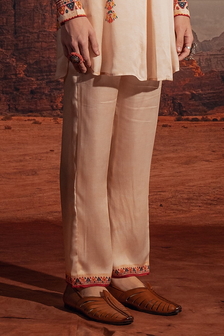 Beige Bemberg Satin Printed Kurta Set by Rajdeep Ranawat Men at Pernia's Pop Up Shop