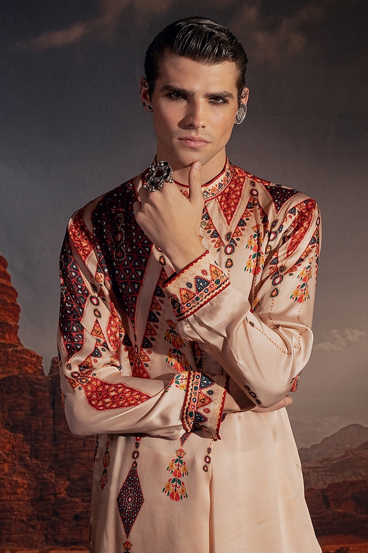 Beige Bemberg Satin Printed Kurta Set by Rajdeep Ranawat Men at Pernia's Pop Up Shop