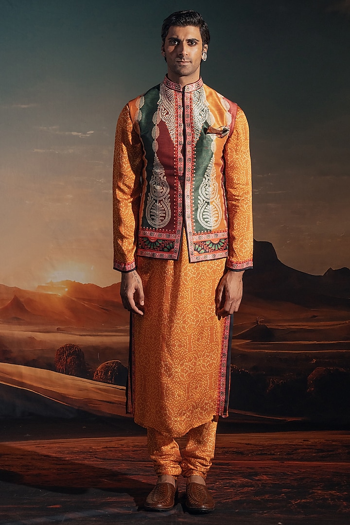 Marigold Dupion Silk Printed Bundi Jacket Set by Rajdeep Ranawat Men