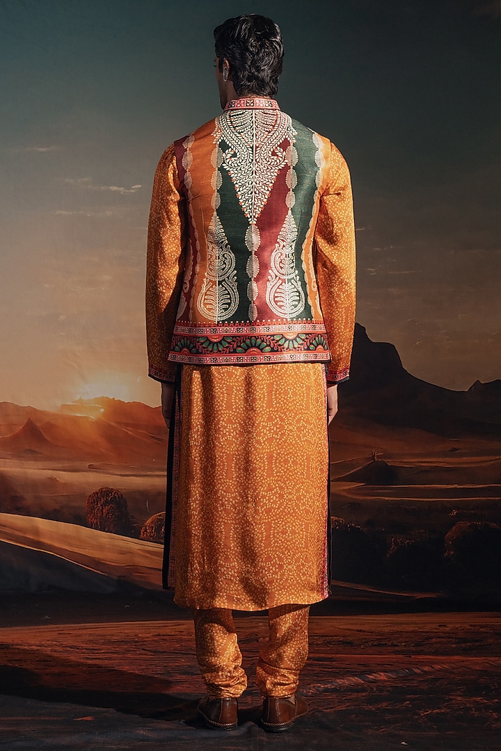 Marigold Dupion Silk Printed Bundi Jacket Set by Rajdeep Ranawat Men at Pernia's Pop Up Shop