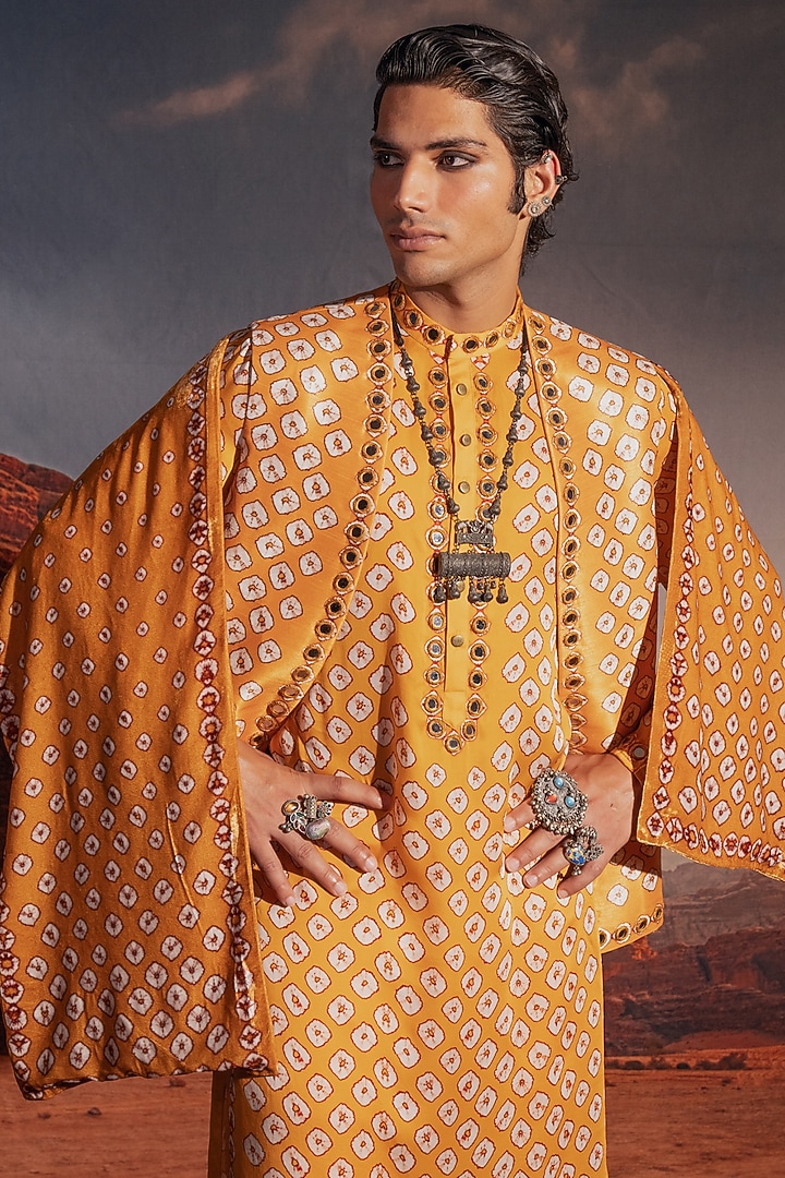 Mustard Dupion Silk Printed & Embroidered Bundi Jacket Set by Rajdeep Ranawat Men at Pernia's Pop Up Shop