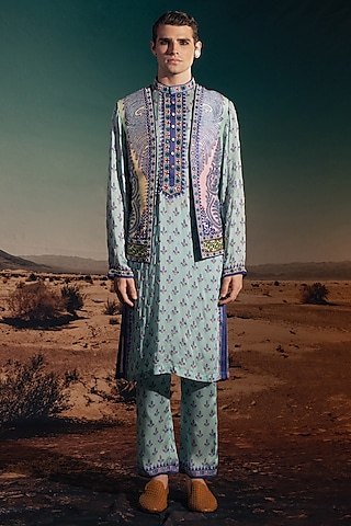Pastel Blue Dupion Silk Printed & Embroidered Indowestern Set by Rajdeep Ranawat Men