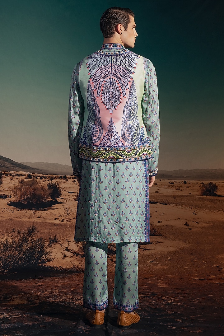Pastel Blue Dupion Silk Printed & Embroidered Groom Indowestern Set by Rajdeep Ranawat Men at Pernia's Pop Up Shop