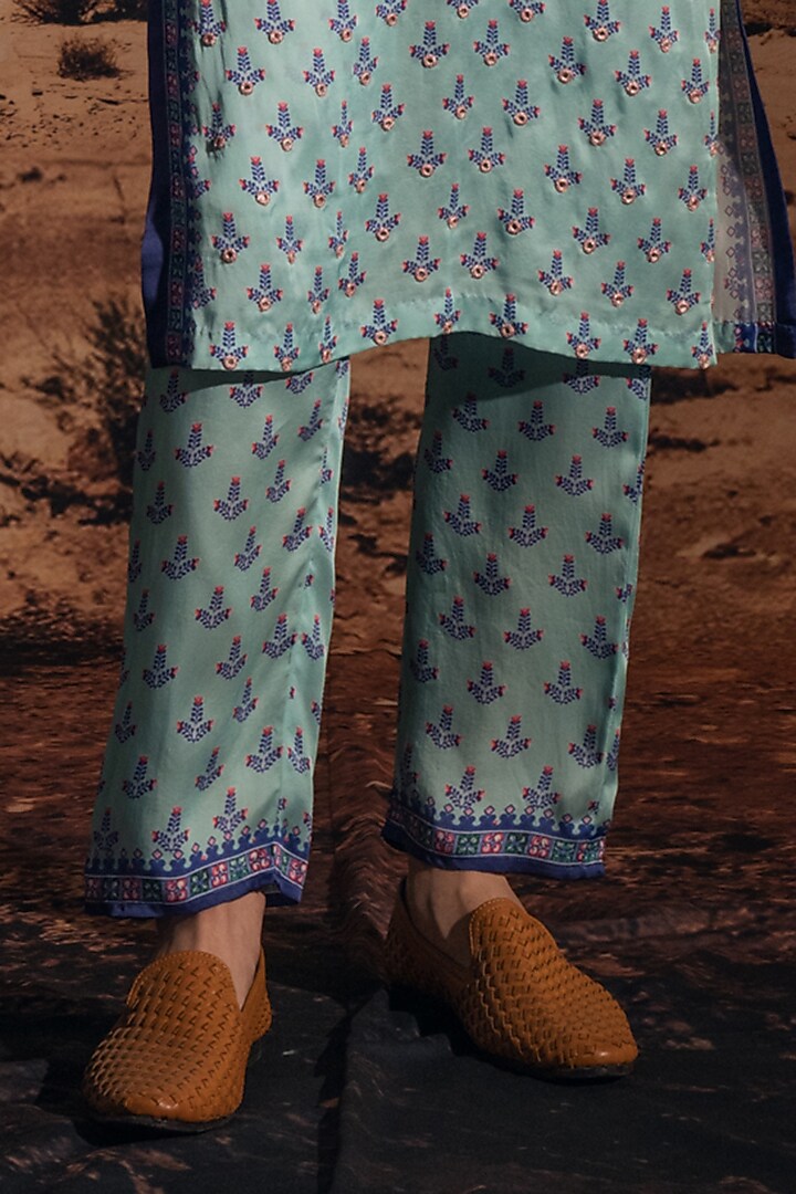 Pastel Blue Dupion Silk Printed & Embroidered Groom Indowestern Set by Rajdeep Ranawat Men at Pernia's Pop Up Shop