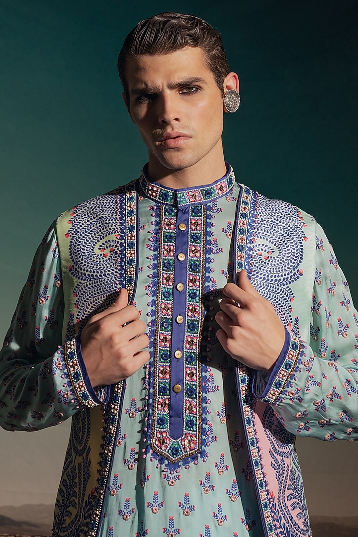 Pastel Blue Dupion Silk Printed & Embroidered Groom Indowestern Set by Rajdeep Ranawat Men at Pernia's Pop Up Shop