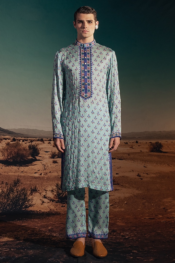 Pastel Blue Dupion Silk Printed & Embroidered Groom Indowestern Set by Rajdeep Ranawat Men at Pernia's Pop Up Shop