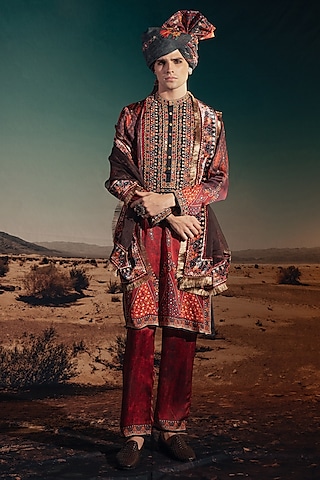 Red Organza Dupatta by Rajdeep Ranawat Men