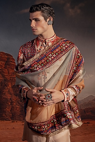 Beige Organza Dupatta by Rajdeep Ranawat Men