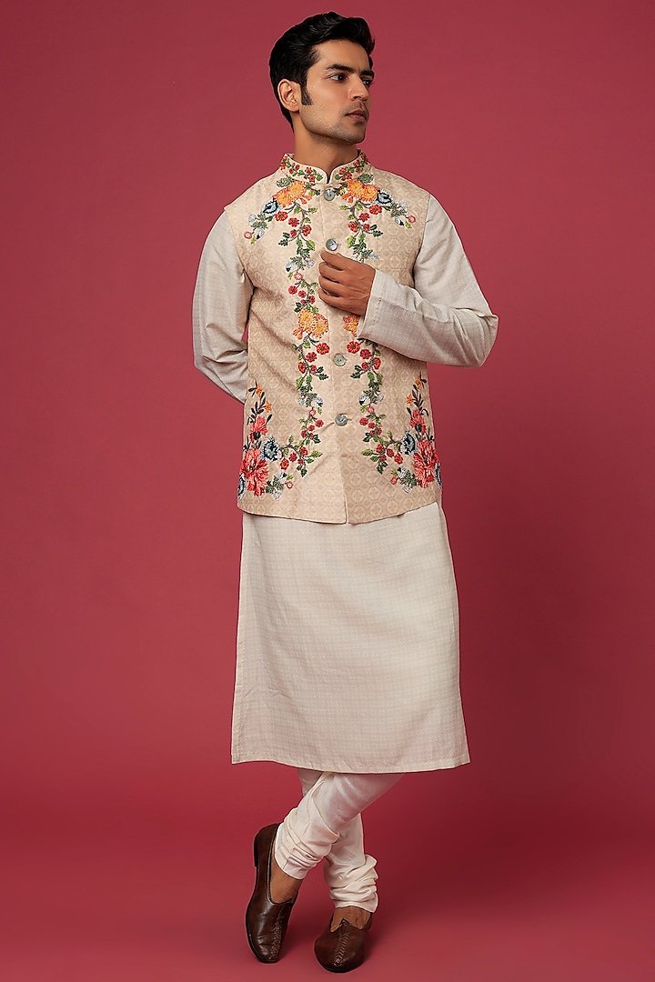 Sand Bundi Jacket With Kurta Set by Rajdeep Ranawat Men