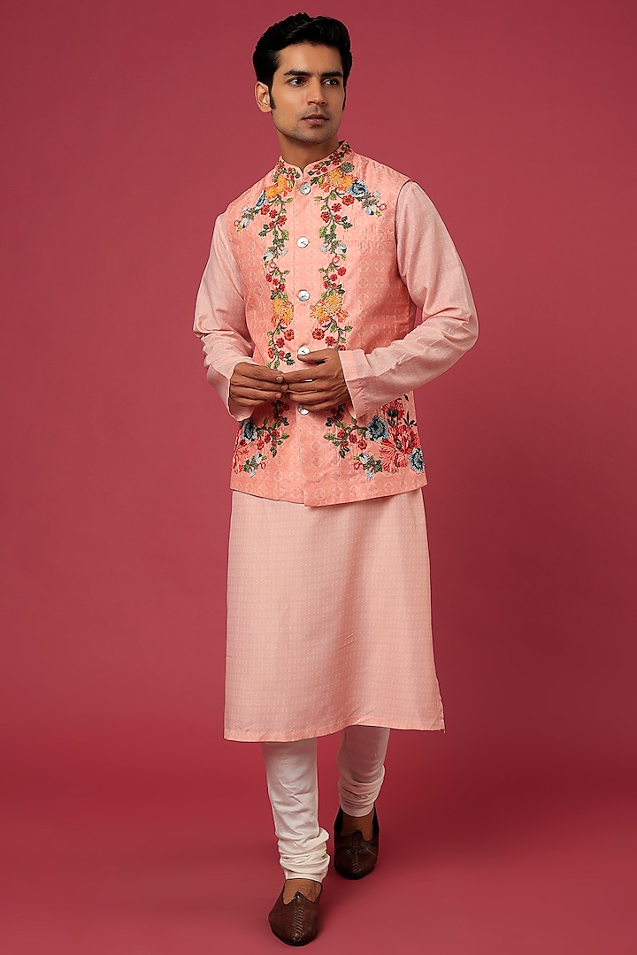 Blush Bundi Jacket With Kurta Set by Rajdeep Ranawat Men