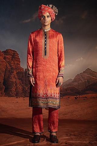 Orange Satin Printed Kurta Set by Rajdeep Ranawat Men