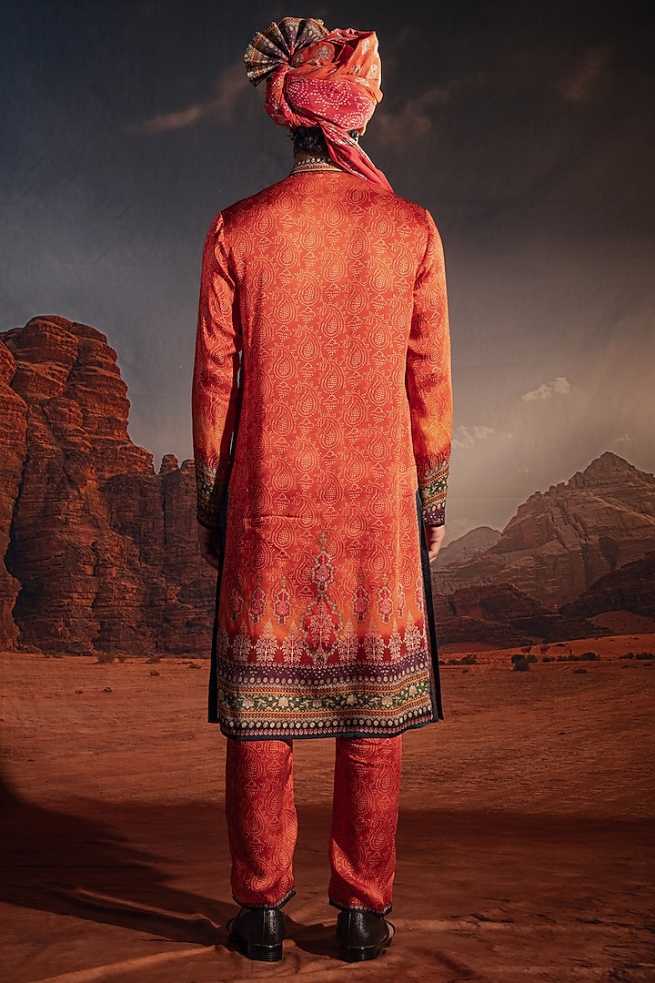 Orange Satin Printed Kurta Set by Rajdeep Ranawat Men at Pernia's Pop Up Shop