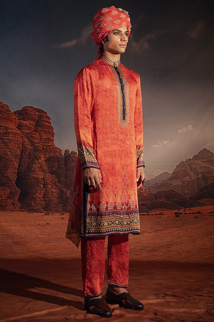 Orange Satin Printed Kurta Set by Rajdeep Ranawat Men at Pernia's Pop Up Shop